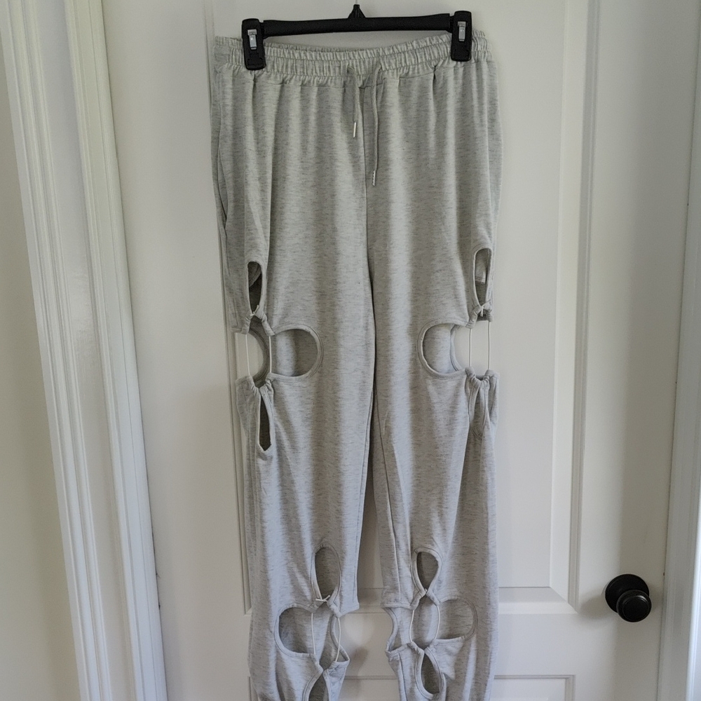 Cutout Detail Light Gray Joggers with floral openings